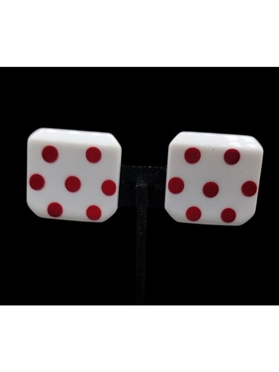 Lucite Jewelry - Vintage Lucite Dice Clip On Earrings Large Lucky 7 White Red Polka Dots Vegas